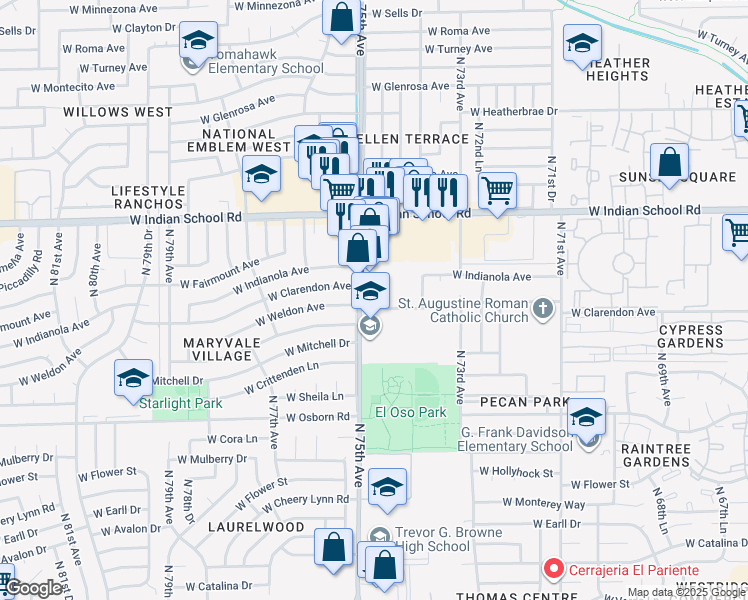 map of restaurants, bars, coffee shops, grocery stores, and more near 3855 North 75th Avenue in Phoenix