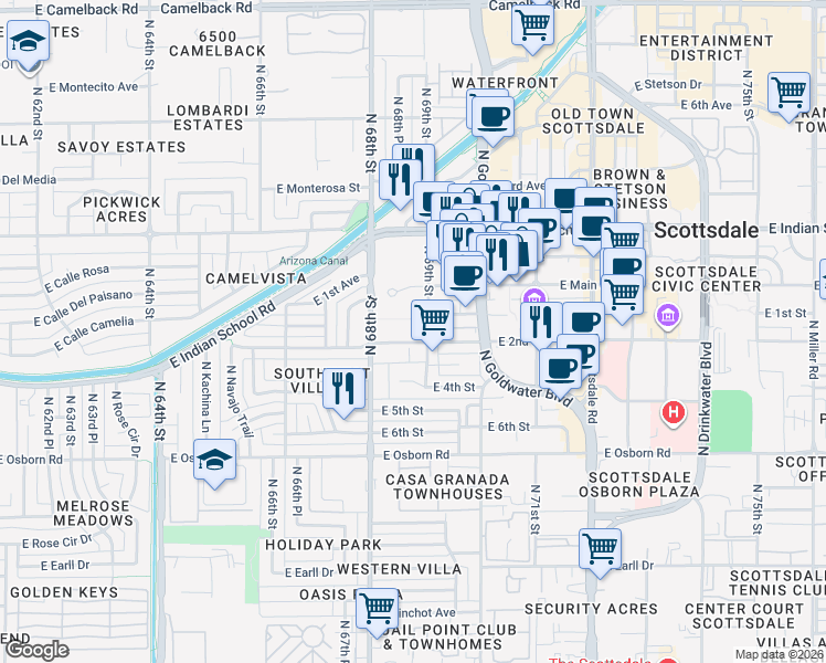 map of restaurants, bars, coffee shops, grocery stores, and more near 6883 East Main Street in Scottsdale