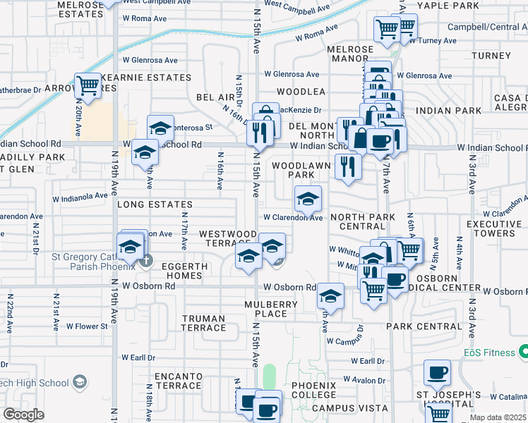 map of restaurants, bars, coffee shops, grocery stores, and more near 1323 West Indianola Avenue in Phoenix