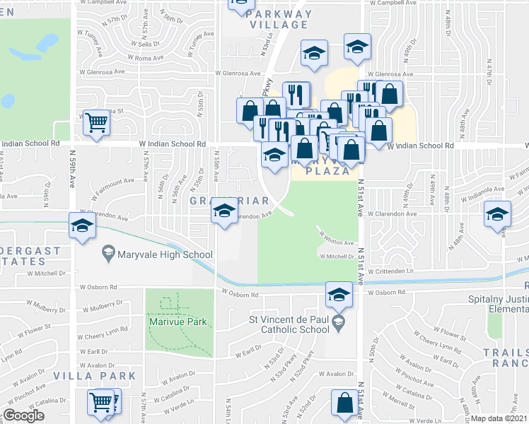 map of restaurants, bars, coffee shops, grocery stores, and more near 3810 North Maryvale Parkway in Phoenix