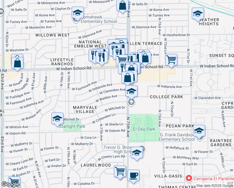 map of restaurants, bars, coffee shops, grocery stores, and more near 7539 West Clarendon Avenue in Phoenix
