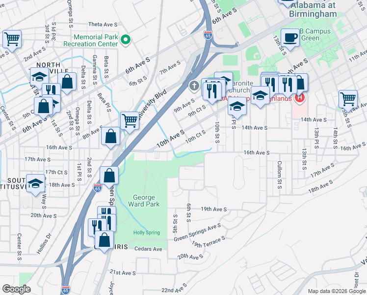map of restaurants, bars, coffee shops, grocery stores, and more near 512 10th Court South in Birmingham