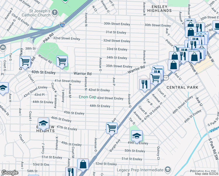 map of restaurants, bars, coffee shops, grocery stores, and more near 1529 41st Street Ensley in Birmingham