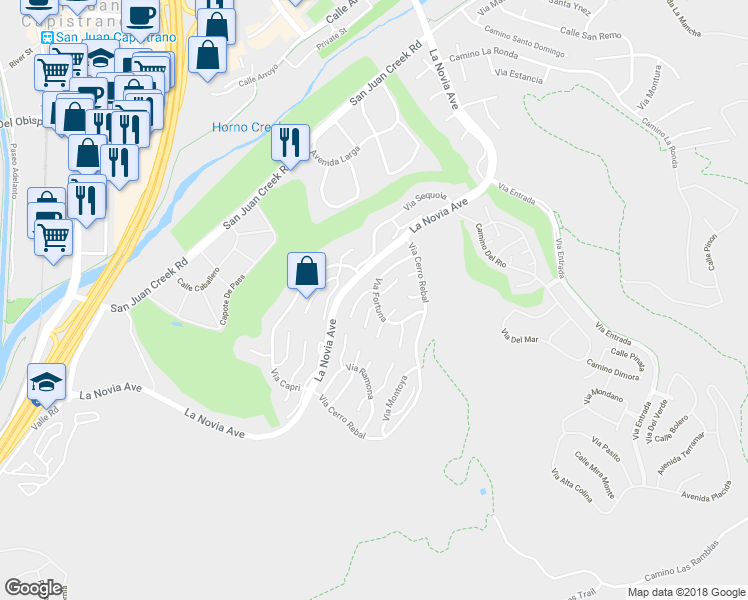 map of restaurants, bars, coffee shops, grocery stores, and more near 27519 Via Fortuna in San Juan Capistrano