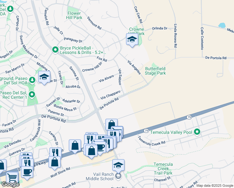 map of restaurants, bars, coffee shops, grocery stores, and more near 33329 Vía Chapparo in Temecula