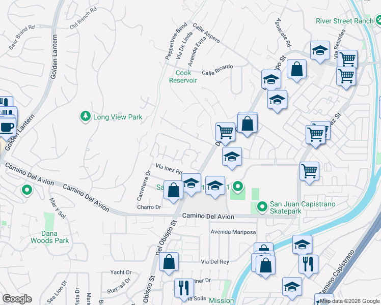 map of restaurants, bars, coffee shops, grocery stores, and more near 25701 Compass Way in San Juan Capistrano