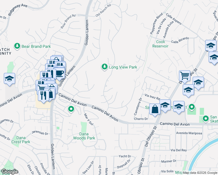 map of restaurants, bars, coffee shops, grocery stores, and more near 4 Old Ranch Road in Laguna Niguel