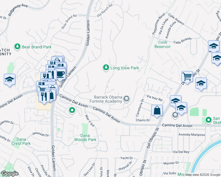 map of restaurants, bars, coffee shops, grocery stores, and more near 6 Old Ranch Road in Laguna Niguel