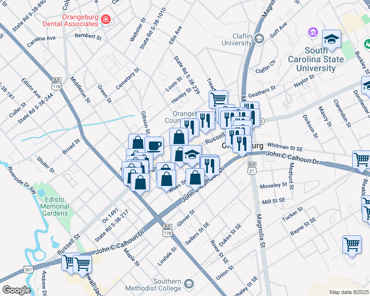 map of restaurants, bars, coffee shops, grocery stores, and more near 1499 Russell Street in Orangeburg