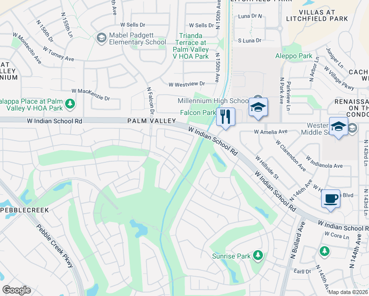 map of restaurants, bars, coffee shops, grocery stores, and more near 3972 North 150th Lane in Goodyear