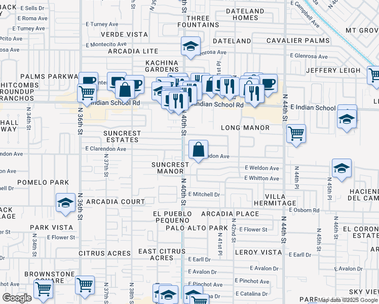 map of restaurants, bars, coffee shops, grocery stores, and more near 4008 East Clarendon Avenue in Phoenix