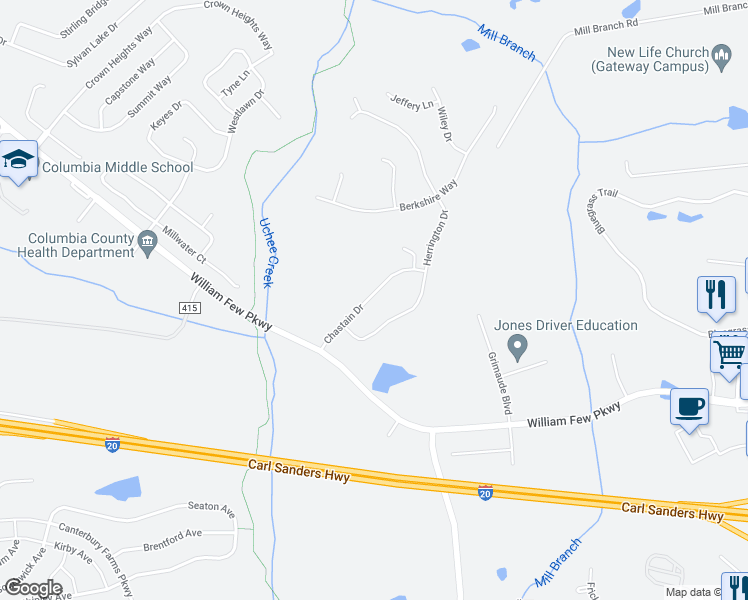 map of restaurants, bars, coffee shops, grocery stores, and more near 4129 Chastain Drive in Grovetown