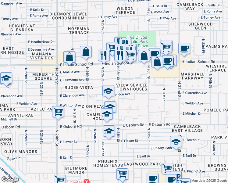 map of restaurants, bars, coffee shops, grocery stores, and more near 3802 North 28th Street in Phoenix