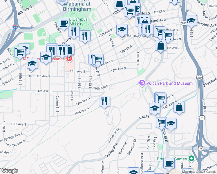 map of restaurants, bars, coffee shops, grocery stores, and more near 1516 16th Avenue South in Birmingham