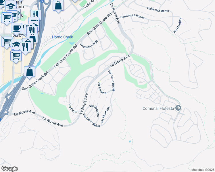map of restaurants, bars, coffee shops, grocery stores, and more near 27627 Paseo Tiara in San Juan Capistrano