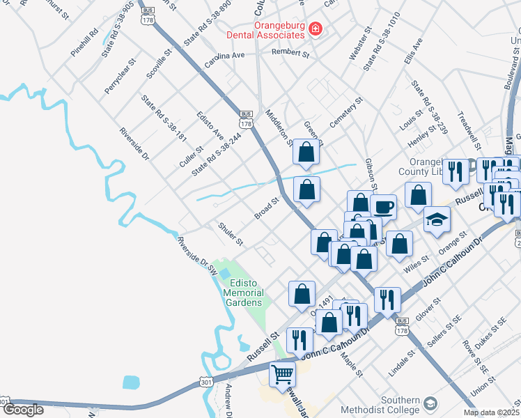 map of restaurants, bars, coffee shops, grocery stores, and more near 182 Broad Street in Orangeburg