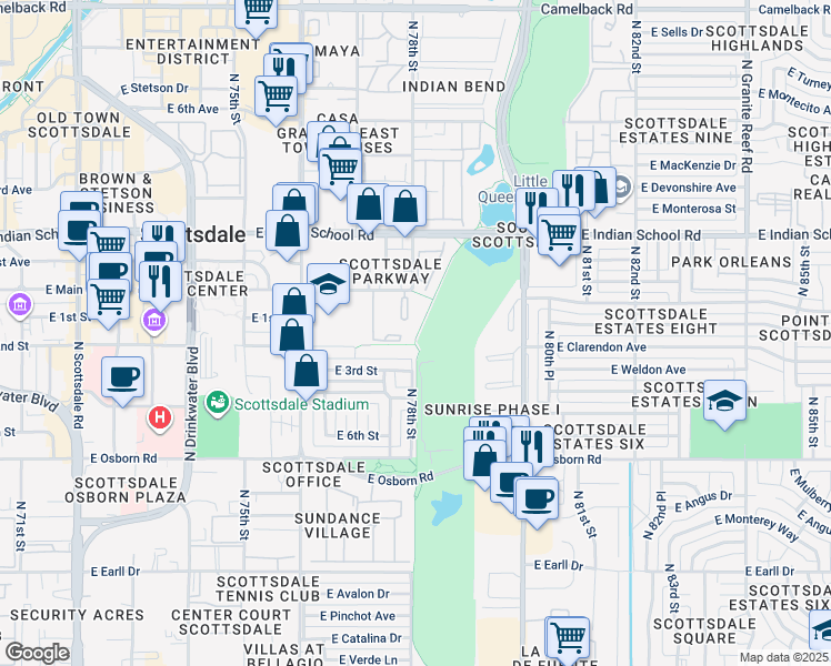 map of restaurants, bars, coffee shops, grocery stores, and more near 7777 East Main Street in Scottsdale