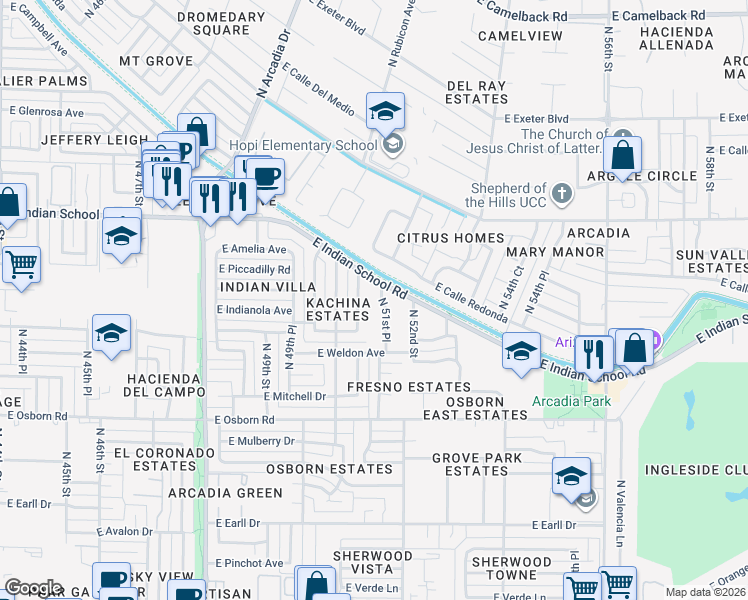 map of restaurants, bars, coffee shops, grocery stores, and more near 3649 North 51st Place in Phoenix