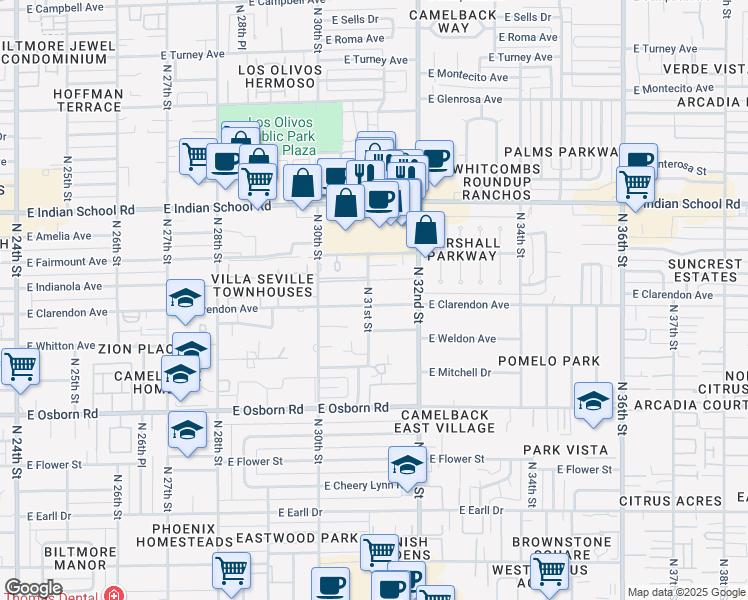 map of restaurants, bars, coffee shops, grocery stores, and more near 3807 North 30th Street in Phoenix