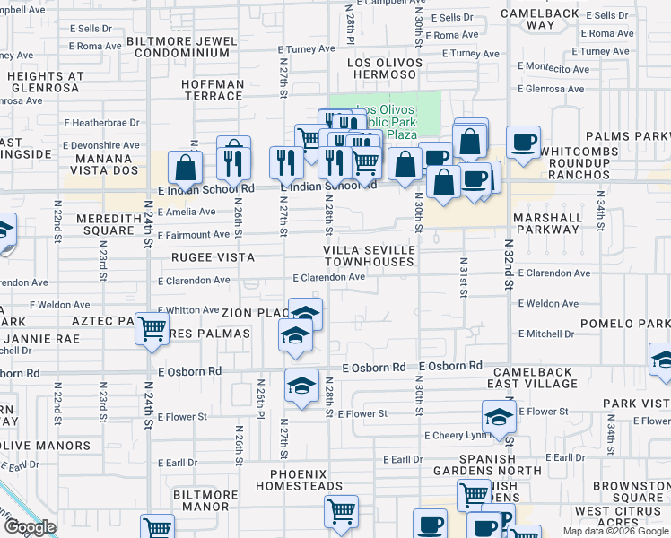 map of restaurants, bars, coffee shops, grocery stores, and more near 3815 North 28th Street in Phoenix