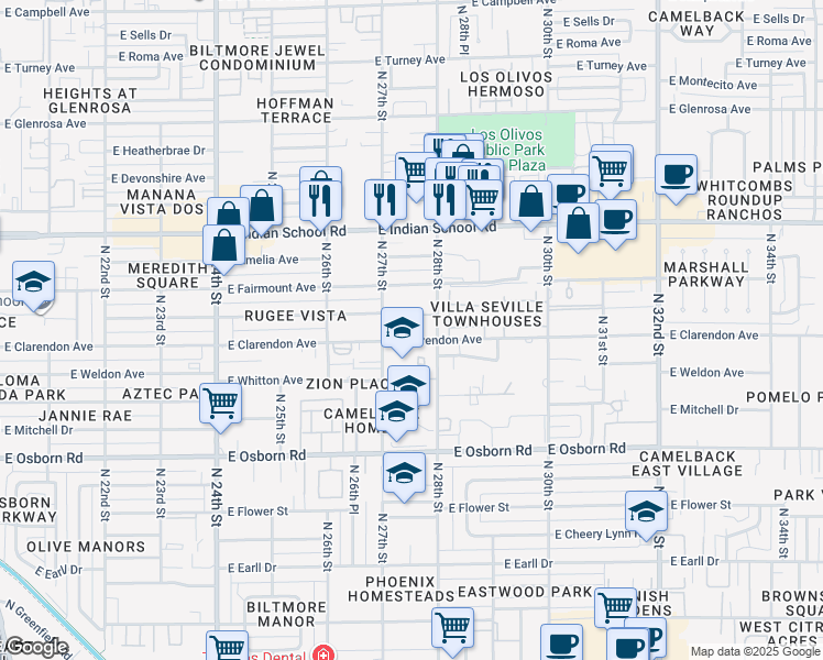 map of restaurants, bars, coffee shops, grocery stores, and more near 161 North 27th Street in Phoenix