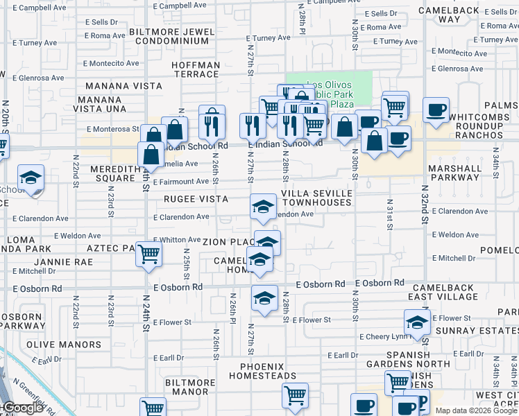 map of restaurants, bars, coffee shops, grocery stores, and more near 3802 North 28th Street in Phoenix