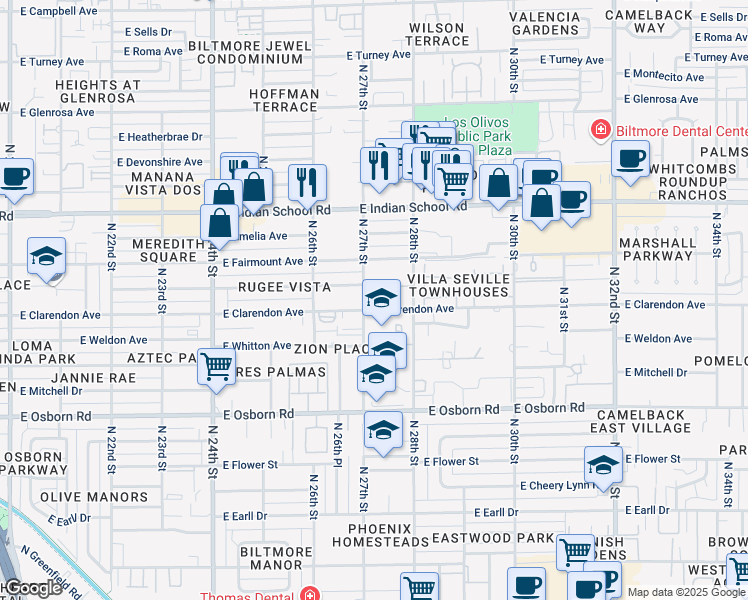 map of restaurants, bars, coffee shops, grocery stores, and more near 161 North 27th Street in Phoenix