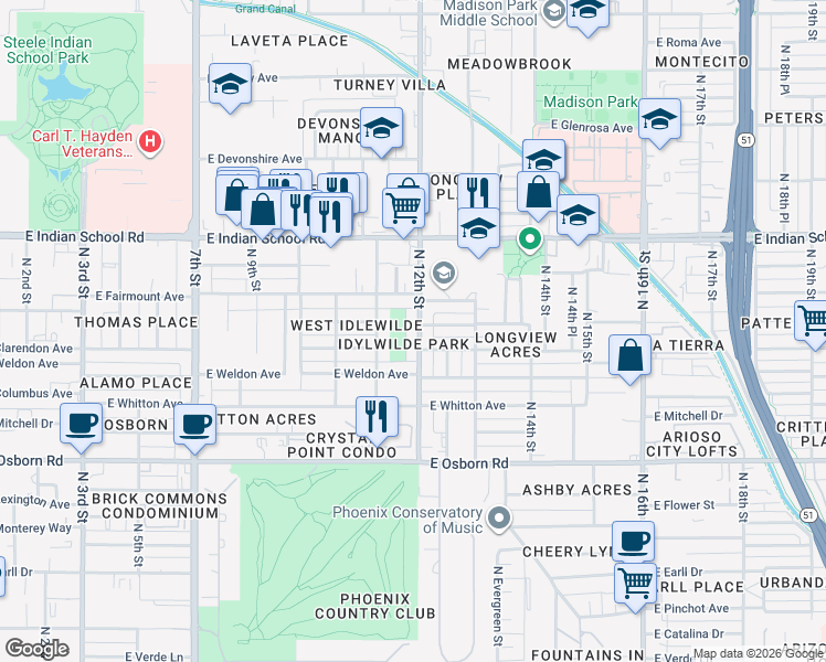 map of restaurants, bars, coffee shops, grocery stores, and more near in Phoenix