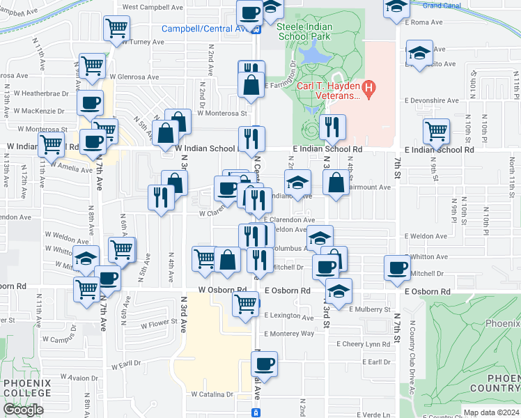 map of restaurants, bars, coffee shops, grocery stores, and more near 3806 North Central Avenue in Phoenix