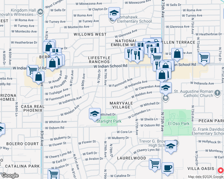 map of restaurants, bars, coffee shops, grocery stores, and more near 3831 North 79th Avenue in Phoenix