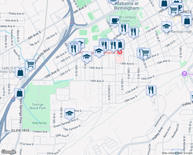 map of restaurants, bars, coffee shops, grocery stores, and more near 1428 11th Place South in Birmingham