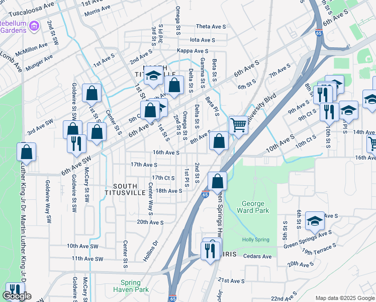map of restaurants, bars, coffee shops, grocery stores, and more near 748 Omega Street South in Birmingham