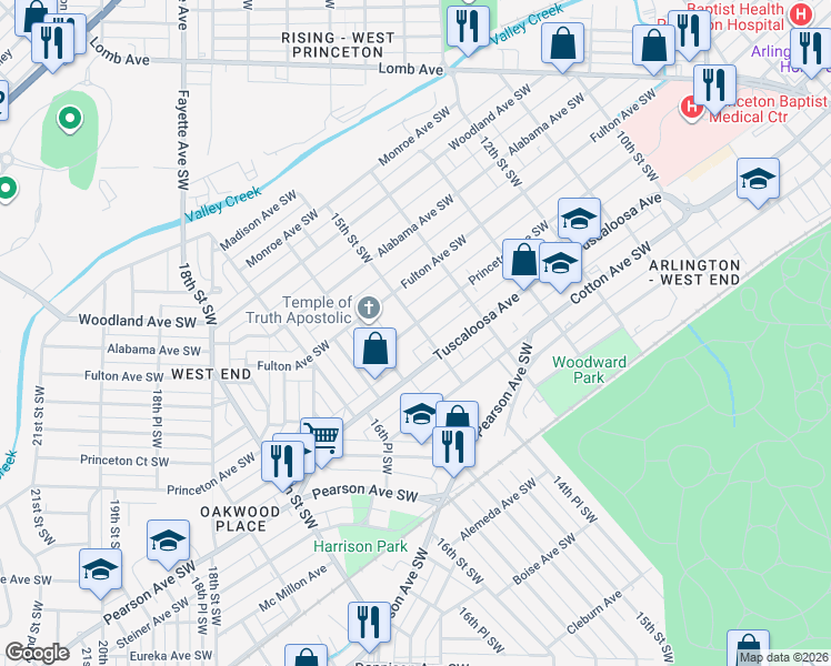 map of restaurants, bars, coffee shops, grocery stores, and more near 1441 Princeton Avenue Southwest in Birmingham