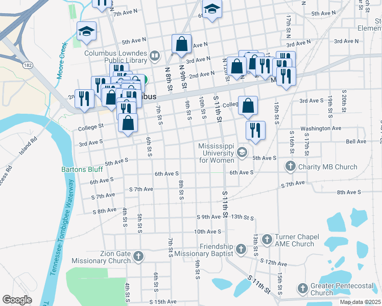 map of restaurants, bars, coffee shops, grocery stores, and more near 413 8th Street South in Columbus