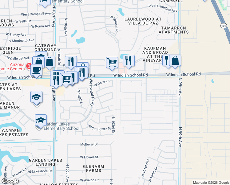 map of restaurants, bars, coffee shops, grocery stores, and more near 3743 North 103rd Drive in Avondale