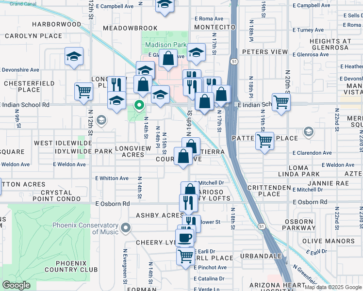map of restaurants, bars, coffee shops, grocery stores, and more near 1535 East Indianola Avenue in Phoenix