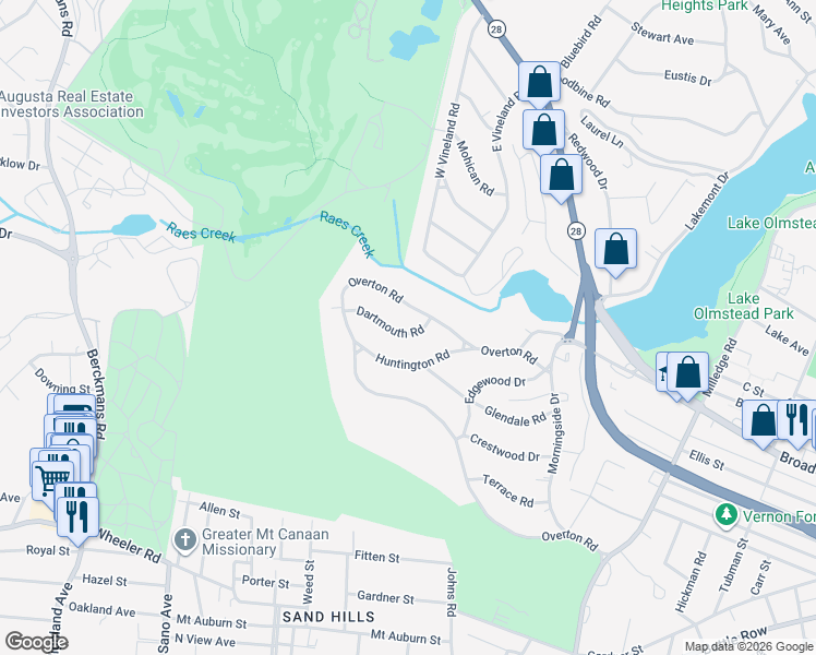 map of restaurants, bars, coffee shops, grocery stores, and more near 2283 Overton Road in Augusta