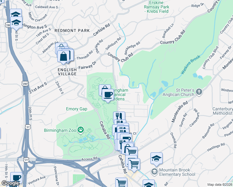 map of restaurants, bars, coffee shops, grocery stores, and more near 2612 Lane Park Road in Birmingham