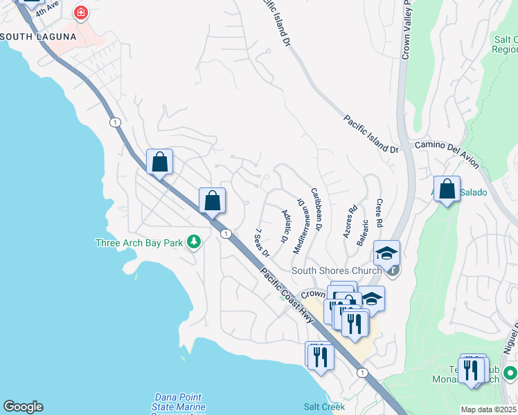 map of restaurants, bars, coffee shops, grocery stores, and more near 32491 7 Seas Drive in Dana Point