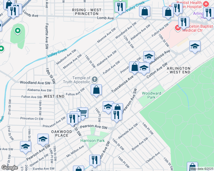 map of restaurants, bars, coffee shops, grocery stores, and more near 1441 Princeton Avenue Southwest in Birmingham