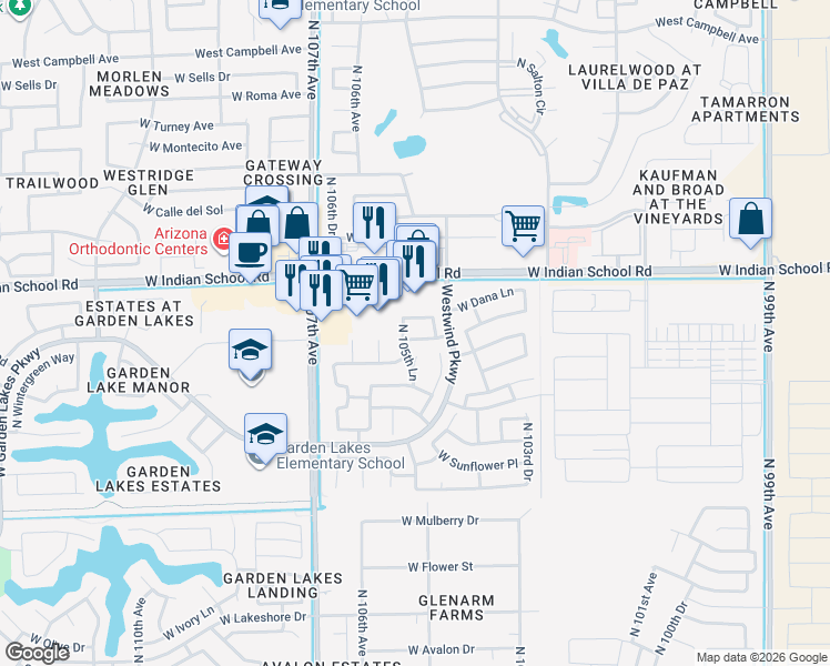 map of restaurants, bars, coffee shops, grocery stores, and more near 10557 West Dana Lane in Avondale