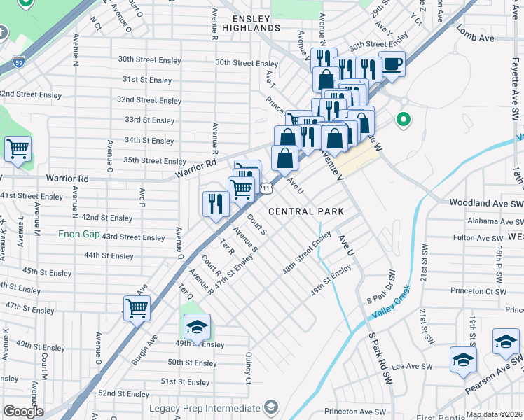 map of restaurants, bars, coffee shops, grocery stores, and more near 1937 Bessemer Road in Birmingham