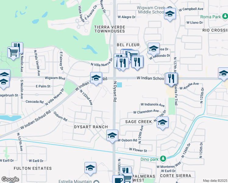 map of restaurants, bars, coffee shops, grocery stores, and more near 3400 North Dysart Road in Litchfield Park