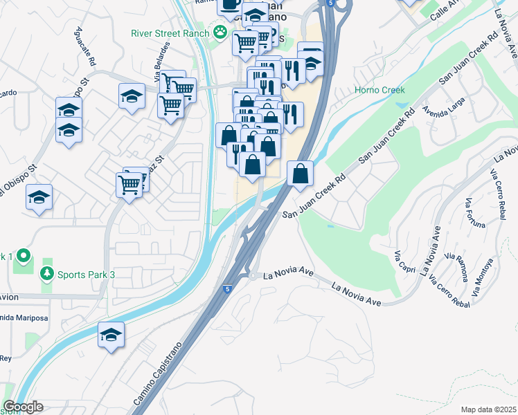 map of restaurants, bars, coffee shops, grocery stores, and more near Camino Capistrano & San Juan Creek Rd in San Juan Capistrano