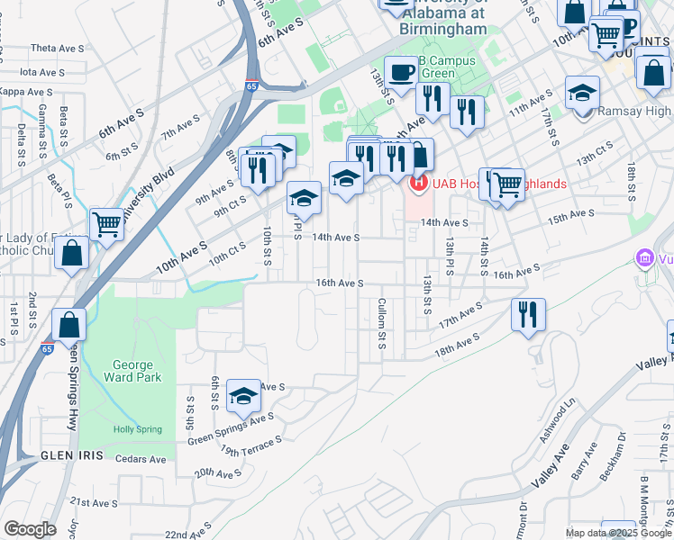 map of restaurants, bars, coffee shops, grocery stores, and more near 1428 11th Place South in Birmingham