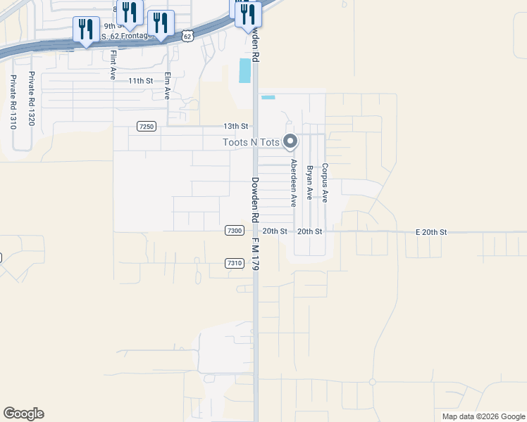 map of restaurants, bars, coffee shops, grocery stores, and more near Dowden Avenue in Wolfforth