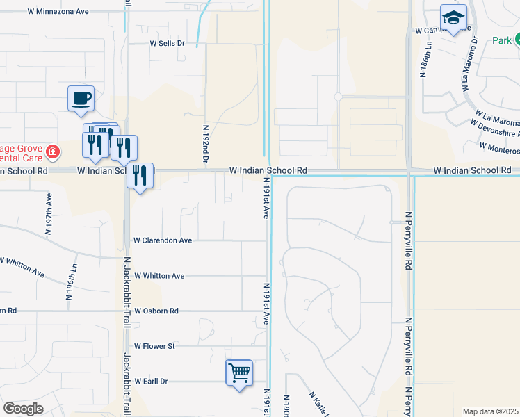 map of restaurants, bars, coffee shops, grocery stores, and more near 3906 North 191st Avenue in Litchfield Park