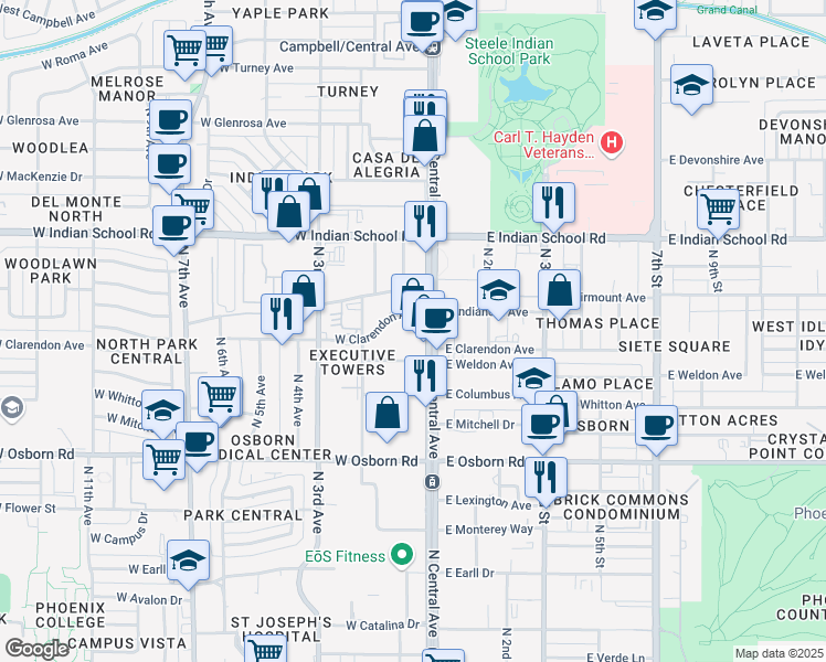 map of restaurants, bars, coffee shops, grocery stores, and more near 3800 North Central Avenue in Phoenix