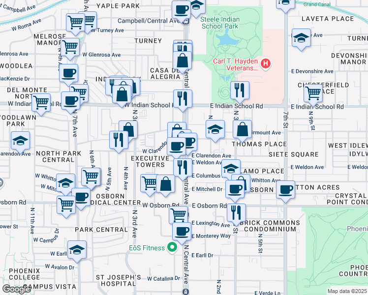 map of restaurants, bars, coffee shops, grocery stores, and more near 3800 North Central Avenue in Phoenix