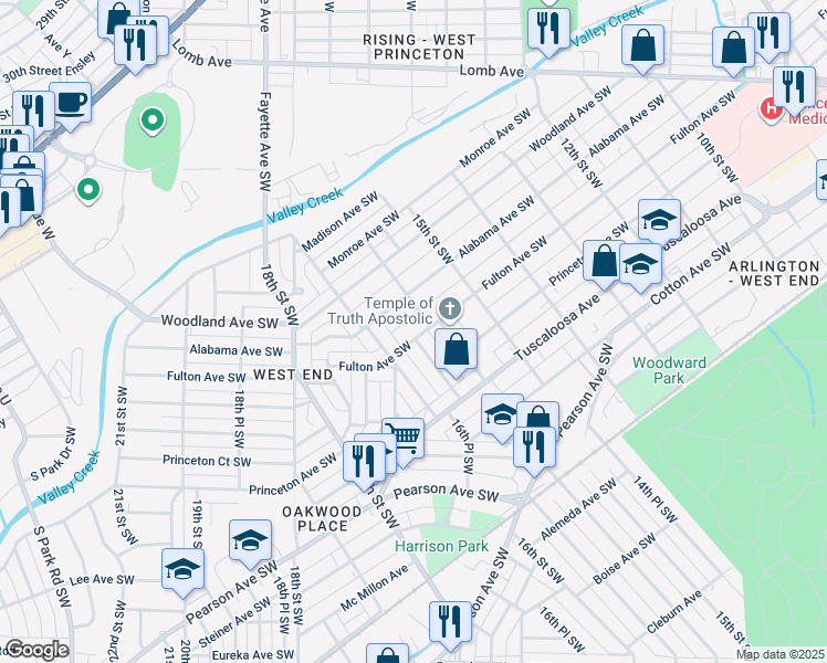 map of restaurants, bars, coffee shops, grocery stores, and more near 1612 Fulton Avenue Southwest in Birmingham